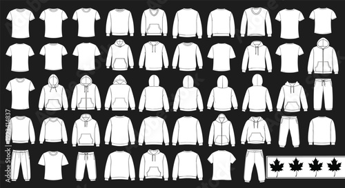 Blank apparel templates collection with t shirts hoodies sweatshirts and pants flat vector illustration isolated on dark background