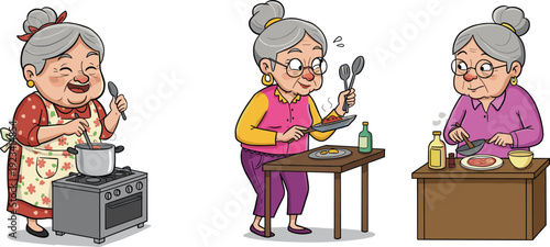 Cute cartoon illustration of elderly grandmother cooking delicious homemade food in kitchen, preparing meals, smiling senior woman chef vector design art