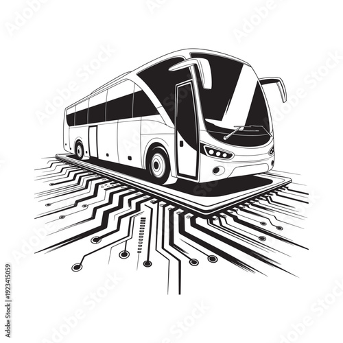 A sleek modern tour bus is depicted floating above a digital circuit board illustration high quality professional