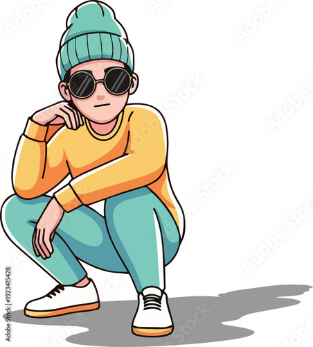 A young boy in dynamic motion, jumping with excitement and joy, wearing casual clothing and accessories.