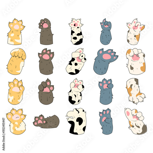 Cute cat paw illustration collection and kitten hand gesture set. Playful hand-drawn vector graphics for pet shop branding, animal lover stationery, nursery decor, and creative feline-themed stickers.