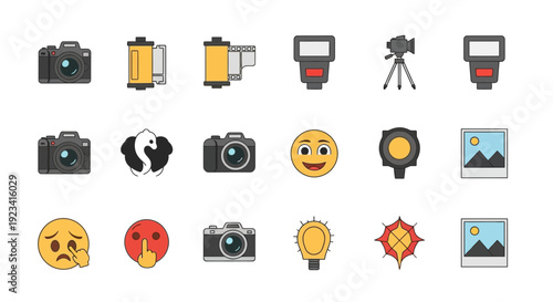 A grid of 18 stylized icons related to photography and various emojis