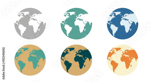 Six different stylized globes showing continents and oceans.