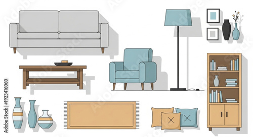 Modern Living Room Furniture Collection Flat Design.