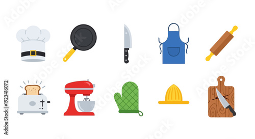 An array of ten colorful flatstyle cooking and kitchen icons on a white background