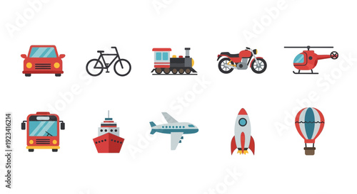 Ten flatstyle icons representing various modes of transport arranged in two rows