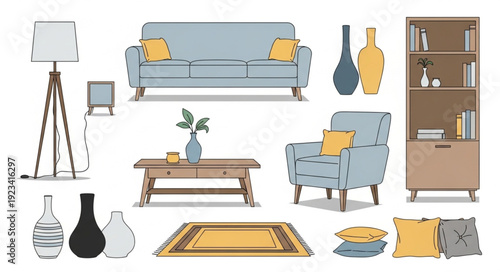 Collection of modern living room furniture and decor items.