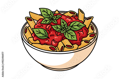 A bowl of penne pasta topped with tomato sauce and fresh basil leaves, illustration, top view