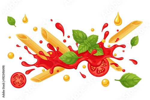 Fresh pasta, tomato sauce, and basil leaves splashing together in a vibrant, dynamic illustration of Italian cuisine