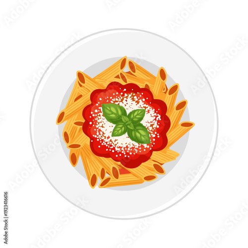 A plate of pasta with tomato sauce and basil viewed from above