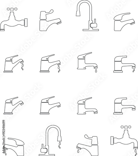 This black faucet icon set features a clean representing a standard water tap used in kitchens, bathrooms, and industrial plumbing systems. Designed in black with smooth curves and balanced proportion