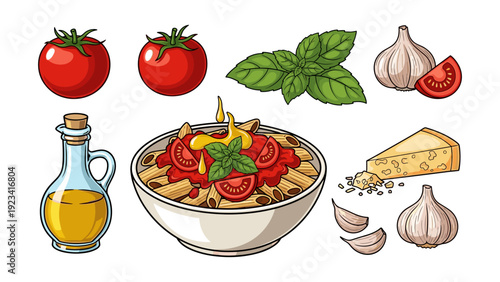 A vibrant illustration of a bowl of pasta surrounded by fresh ingredients like tomatoes and garlic, depicted from a straightforward viewpoint.