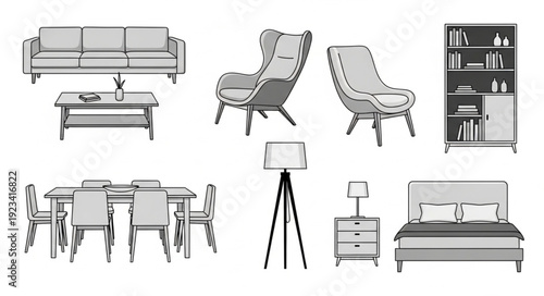 Collection of furniture items for home interior design.