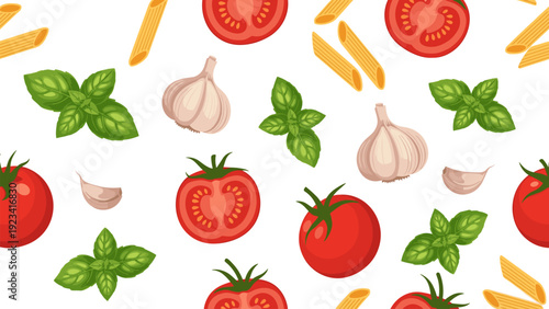 A visually appealing pattern of tomatoes, garlic, basil, and pasta scattered randomly from a top-down viewpoint