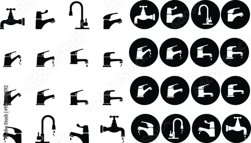 This black faucet icon set features a clean representing a standard water tap used in kitchens, bathrooms, and industrial plumbing systems. Designed in black with smooth curves and balanced proportion