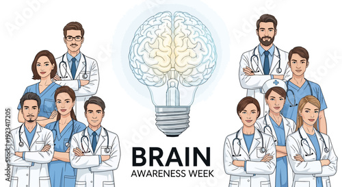 Illustration of people in lab coats examining brain scans with a large brain and Brain Awareness Week text on a white background with a scientific and educational mood.