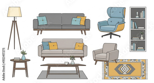 Collection of modern furniture and home decor items.