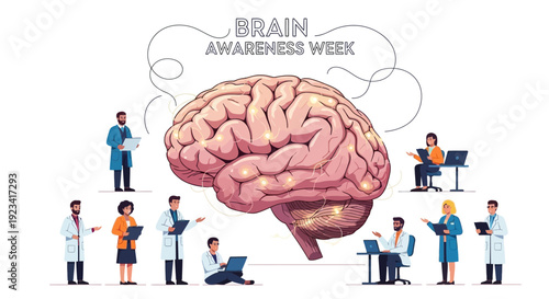 Illustration of people in lab coats examining brain scans with a large brain and Brain Awareness Week text on a white background with a scientific and educational mood.