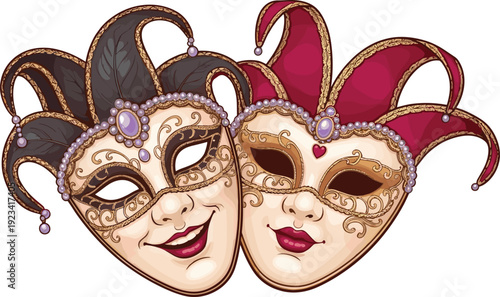 Elegant Venetian Carnival Jester Masks with Intricate Golden Embroidery Pearls and Jewels Luxury Masquerade Ball Vector Illustration for Festive Italian Celebration