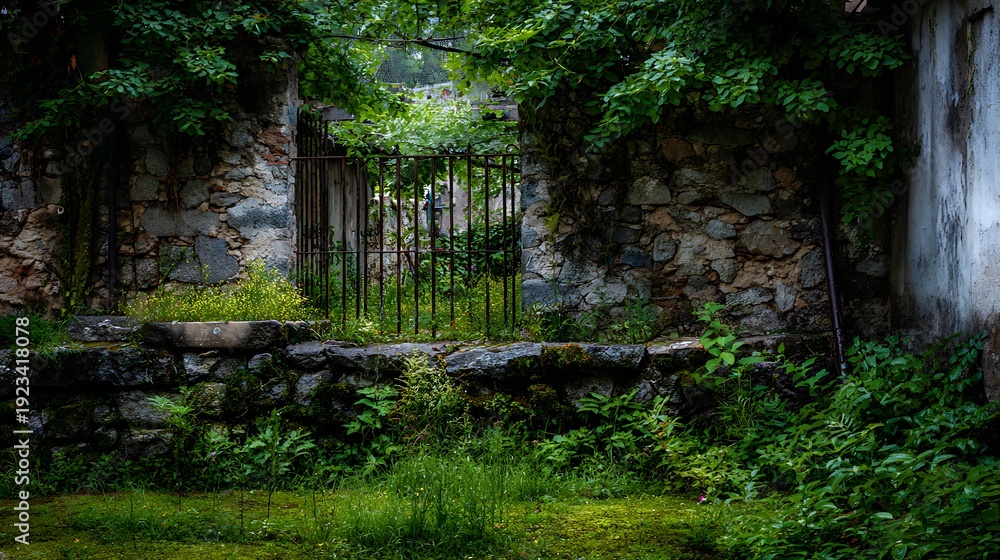 Obraz premium A serene path winds through a vibrant landscape of old trees transitioning from lush spring foliage to rich autumn leaves by a gentle waterfall in the woods