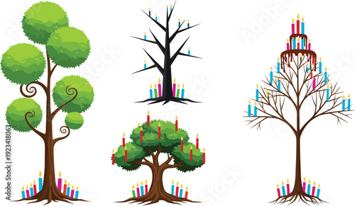 Fantasy candle trees illustration, magical glowing candles on branches, creative decorative vector artwork design, mystical holiday light concept for celebration, imagination, creativity