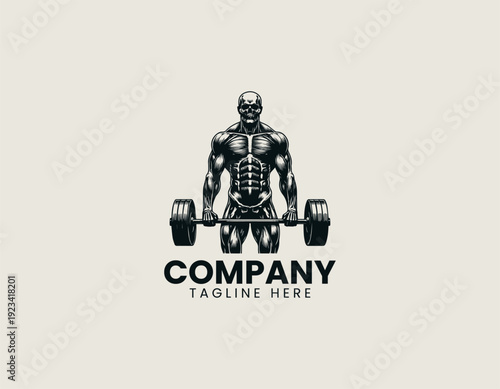 A muscular anatomical skeleton figure holding a heavy barbell in a deadlift position is presented in a detailed bold vector illustration