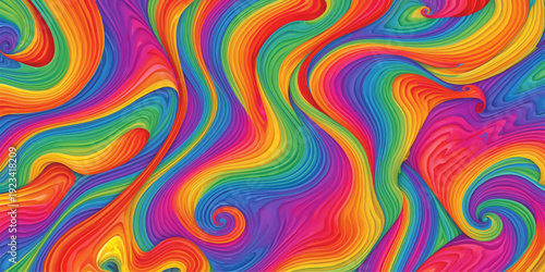 Abstract colorful seamless pattern with bright rainbow circles and flowing wave shapes