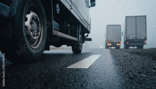 Low angle view of truck wheels on wet asphalt during a foggy morning. Heavy transport vehicle on misty road with cargo trucks in distance.
