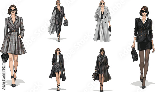 Fashion model walking runway, stylish outfits, trendy coats, modern dresses, chic sunglasses, high heels, fashionable look, and urban style illustration.