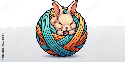 Cute rabbit sleeping in a colorful ball of yarn on white background feeling cozy and relaxed