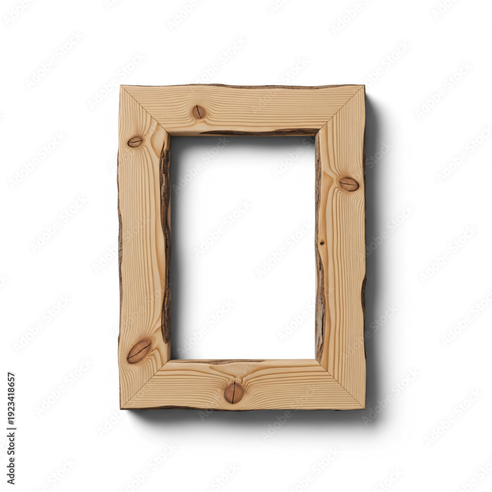 Fototapeta premium Rustic wooden picture frame with bark edges isolated on white background