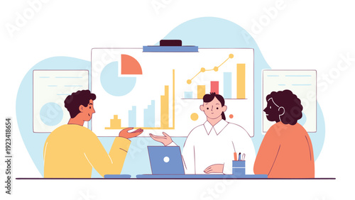 Three business people discuss financial reports and data on a whiteboard.