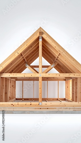 Wallpaper Mural Wooden frame of a house under construction, showcasing the intricate roof trusses and wall studs against a clean white background. Torontodigital.ca