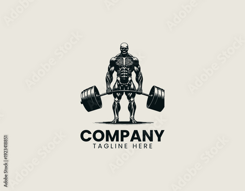 A muscular anatomical skeleton figure holding a heavy barbell in a deadlift position is presented in a detailed bold vector illustration