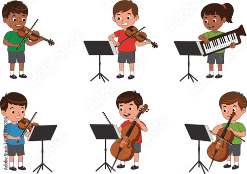 Happy children playing violin, cello, and piano keyboard, practicing musical instruments, learning music, orchestra training, and kids’ music education illustration.