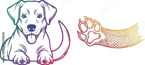 Puppy and paw print in rainbow colors cute dog illustration for pet design animal graphic