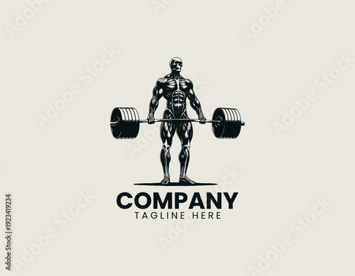A muscular anatomical skeleton figure holding a heavy barbell in a deadlift position is presented in a detailed bold vector illustration