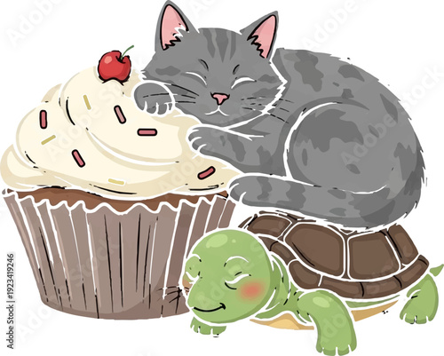 Sleepy gray cat and turtle beside large cupcake with white frosting and cherry on top cute cartoon friends resting together