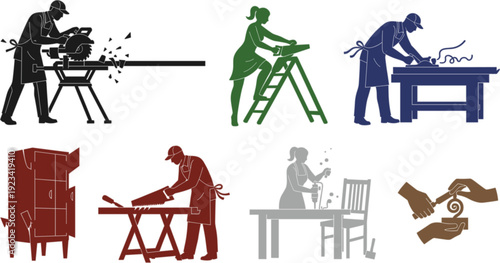 The image is a collection of eight stylized, silhouetted illustrations depicting various woodworking and crafting activities.