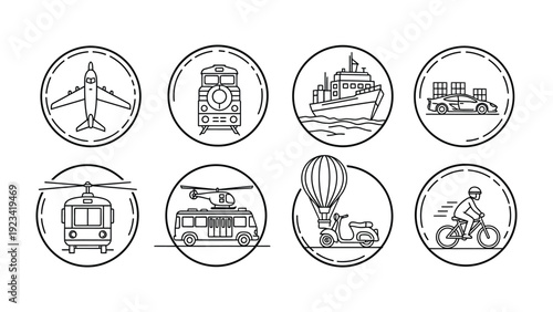 Transportation Icons: A collection of meticulously crafted, minimalistic line art icons representing diverse modes of transport within circular frames.