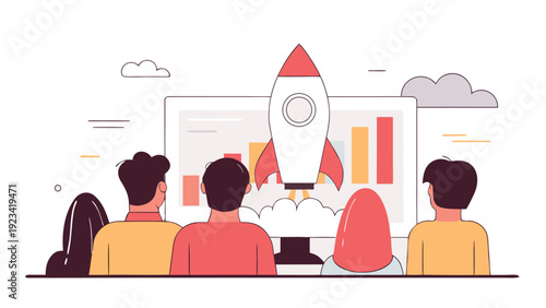 Four people watch a rocket launch from a computer screen displaying business charts.