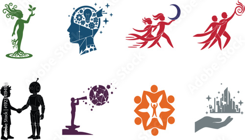 The image displays a grid of eight distinct logos or icons, arranged in two rows of four.