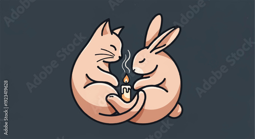 Whimsical cat and rabbit sharing coffee peacefully together in cute embrace