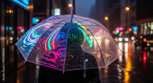 Vibrant Umbrella with Reflections in Rainy Urban Environment