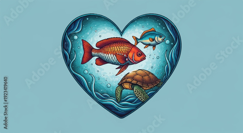 Colorful heart shaped aquarium with vibrant orange fish and sea turtle swimming together in ocean waves on blue background