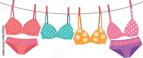 Colorful women lingerie set hanging on clothesline isolated on white background flat vector illustration fashion underwear collection concept