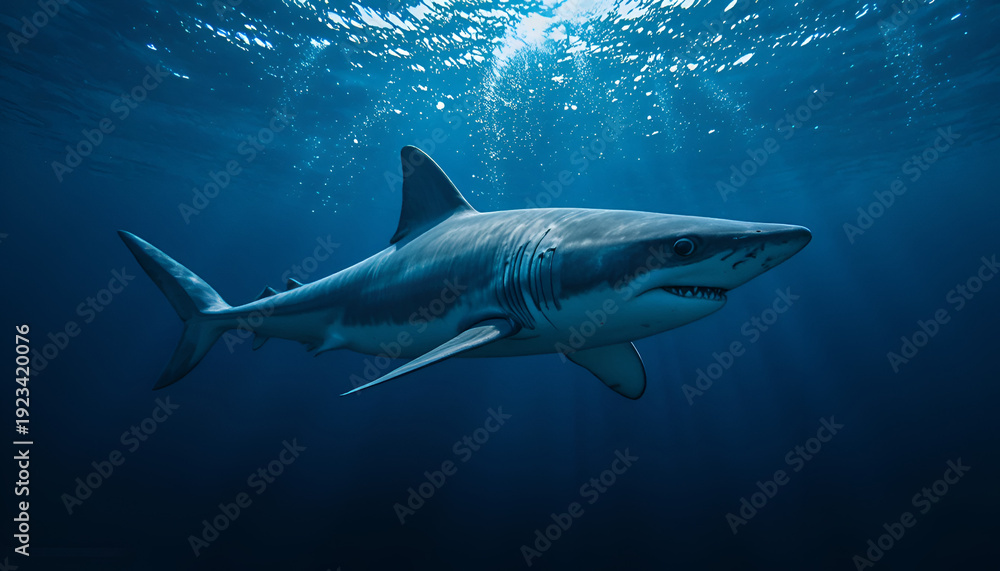 Fototapeta premium A shark swims through the dark blue ocean with sunlight shining down from above.