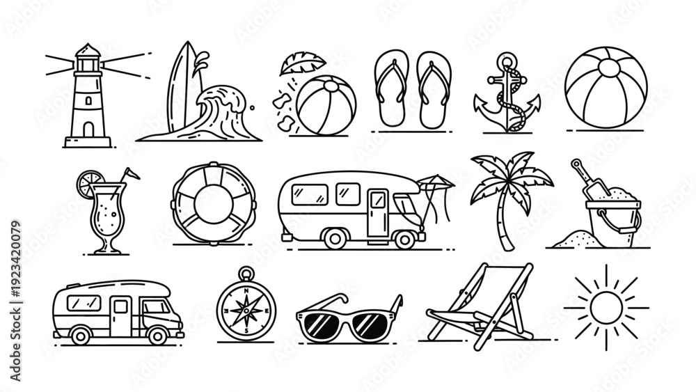 Fototapeta premium Summer Essentials: A collection of meticulously drawn summer-themed icons, encapsulating the spirit of sun-soaked holidays and outdoor adventures.
