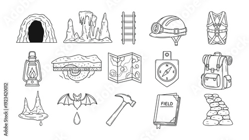 Underground Exploration Tools: A collection of various tools used for cave exploration, each element meticulously illustrated, from a rugged backpack to a sturdy hammer.