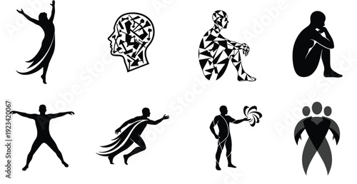 Diverse Silhouettes Of Movement, Thought, And Emotion Dynamic Human Figures In Various Poses.